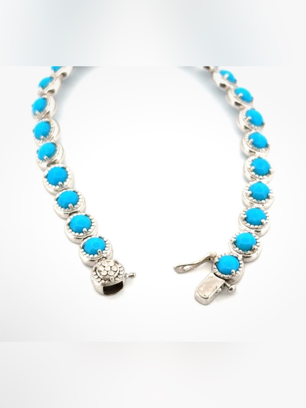Sterling Silver and Turquoise Cabochon Women’s Tennis Bracelet 8” - Picture 10 of 11